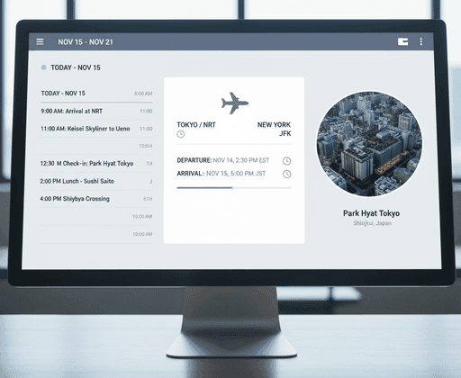 Trip itinerary with flights and hotels